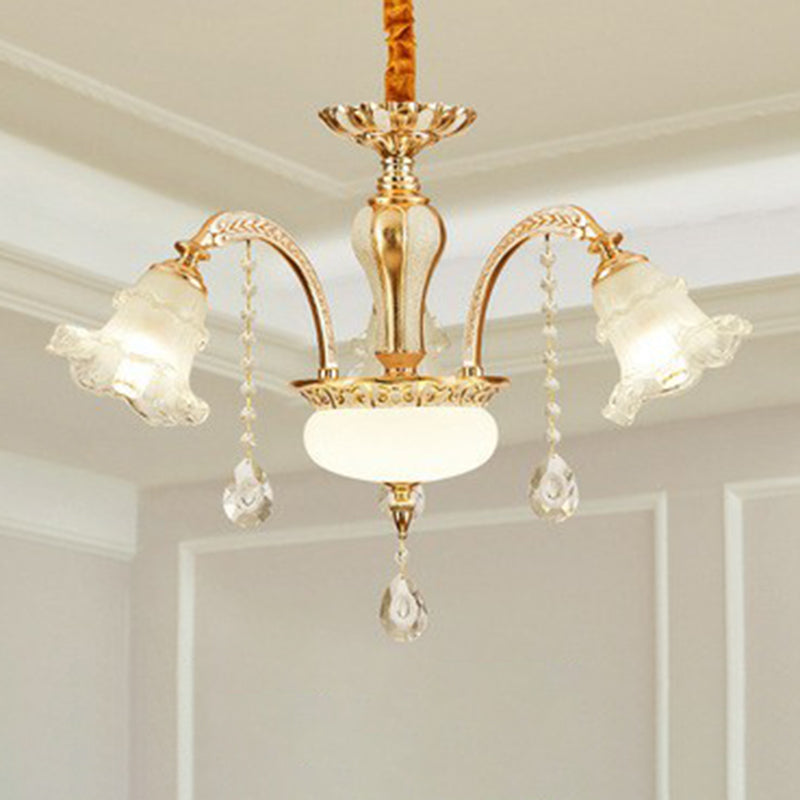 Ruffled Hanging Light Transitional Frosted Glass Ceiling Chandelier for Living Room 3 Gold Clearhalo 'Ceiling Lights' 'Chandeliers' Lighting' 2405840