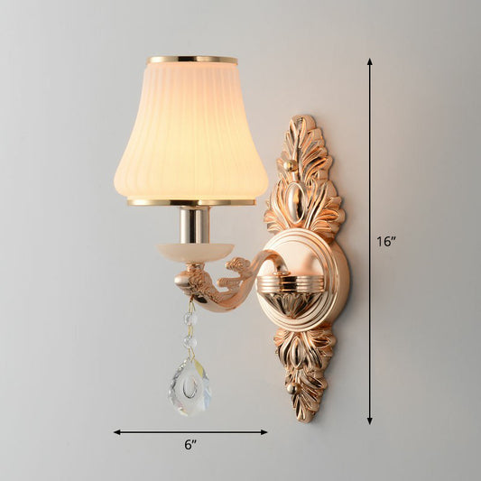 Flared White Glass Wall Light Minimalist Living Room Sconce Light with Teardrop Crystal Clearhalo 'Wall Lamps & Sconces' 'Wall Lights' Lighting' 2405858