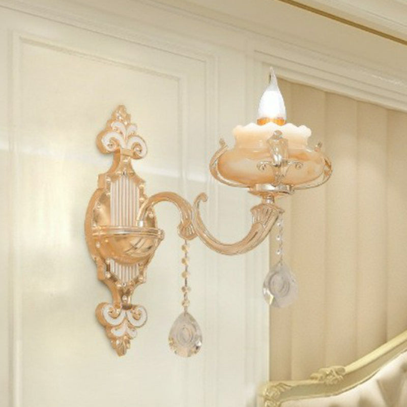 Beige Candle Wall Sconce Light Classic Faux Jade Glass Bedroom Wall Lighting Fixture 1.0 Beige Flower Shape Clearhalo 'Wall Lamps & Sconces' 'Wall Lights' Lighting' 2405865