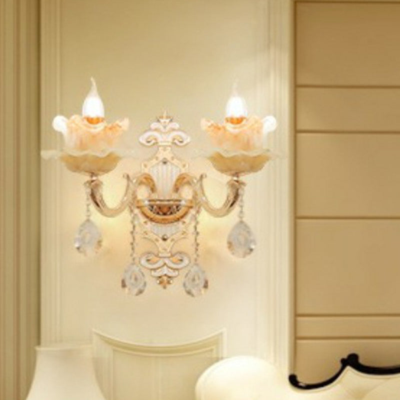 Beige Candle Wall Sconce Light Classic Faux Jade Glass Bedroom Wall Lighting Fixture 2.0 Beige Lotus Clearhalo 'Wall Lamps & Sconces' 'Wall Lights' Lighting' 2405868