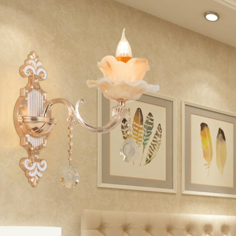 Beige Candle Wall Sconce Light Classic Faux Jade Glass Bedroom Wall Lighting Fixture 1.0 Beige Lotus Clearhalo 'Wall Lamps & Sconces' 'Wall Lights' Lighting' 2405869