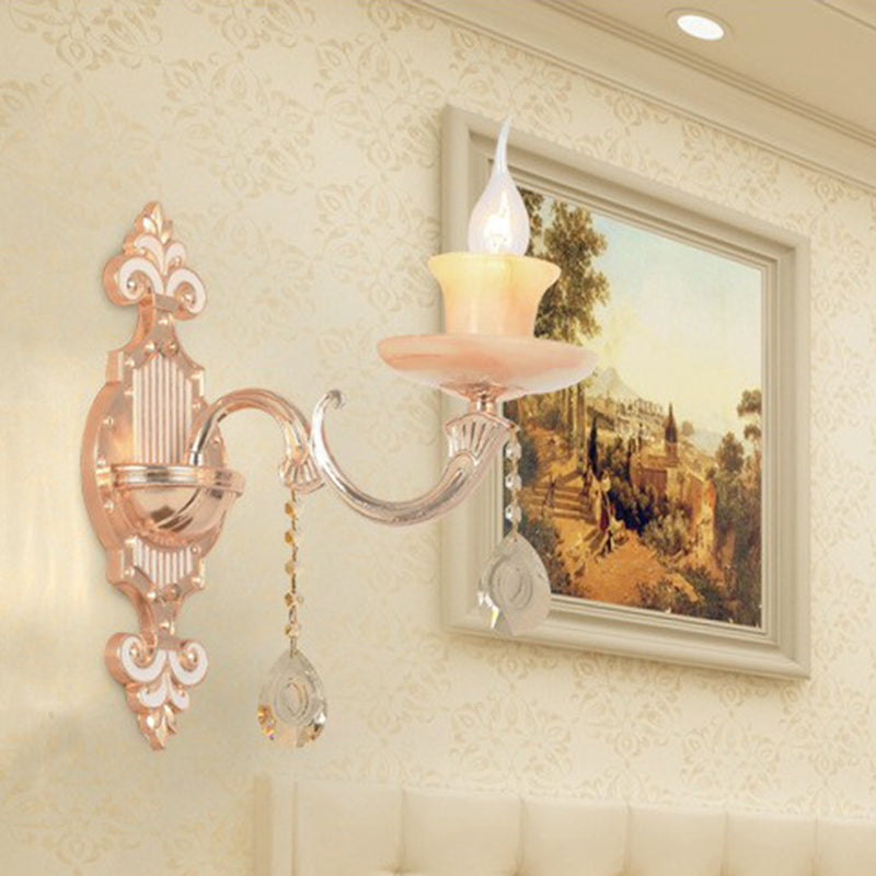 Beige Candle Wall Sconce Light Classic Faux Jade Glass Bedroom Wall Lighting Fixture 1.0 Beige Flame Clearhalo 'Wall Lamps & Sconces' 'Wall Lights' Lighting' 2405870