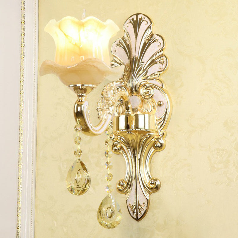 Classic Flower Wall Lamp Faux Jade Frosted Glass Wall Sconce with K9 Crystal Drops in Silver 1.0 Silver Flower Shape Clearhalo 'Wall Lamps & Sconces' 'Wall Lights' Lighting' 2405875