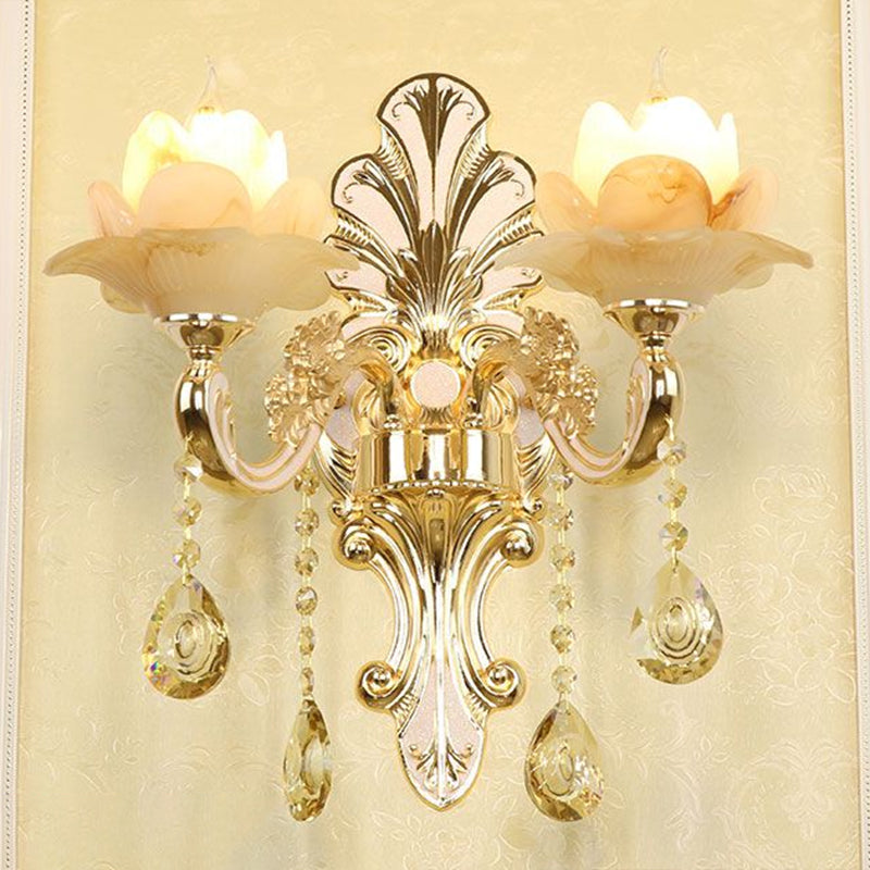 Classic Flower Wall Lamp Faux Jade Frosted Glass Wall Sconce with K9 Crystal Drops in Silver 2.0 Silver Lotus Clearhalo 'Wall Lamps & Sconces' 'Wall Lights' Lighting' 2405876