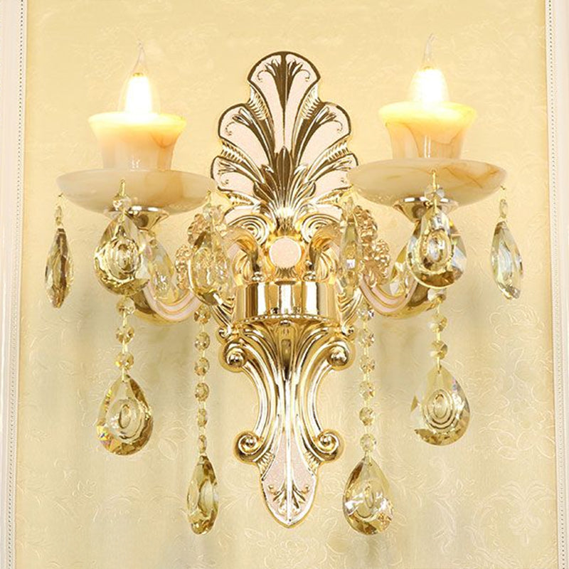 Classic Flower Wall Lamp Faux Jade Frosted Glass Wall Sconce with K9 Crystal Drops in Silver 2.0 Silver Shadeless Clearhalo 'Wall Lamps & Sconces' 'Wall Lights' Lighting' 2405877