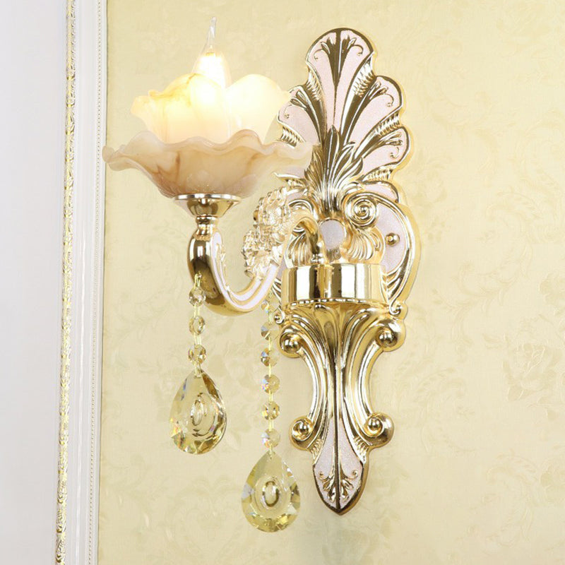 Classic Flower Wall Lamp Faux Jade Frosted Glass Wall Sconce with K9 Crystal Drops in Silver 1.0 Silver Flower Clearhalo 'Wall Lamps & Sconces' 'Wall Lights' Lighting' 2405878