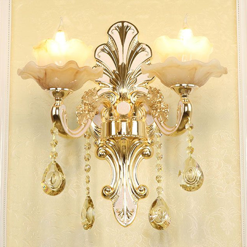 Classic Flower Wall Lamp Faux Jade Frosted Glass Wall Sconce with K9 Crystal Drops in Silver 2.0 Silver Flower Clearhalo 'Wall Lamps & Sconces' 'Wall Lights' Lighting' 2405879