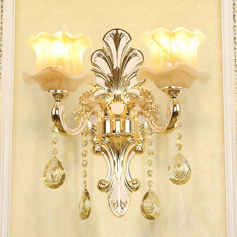 Classic Flower Wall Lamp Faux Jade Frosted Glass Wall Sconce with K9 Crystal Drops in Silver 2.0 Silver Flower Shape Clearhalo 'Wall Lamps & Sconces' 'Wall Lights' Lighting' 2405880