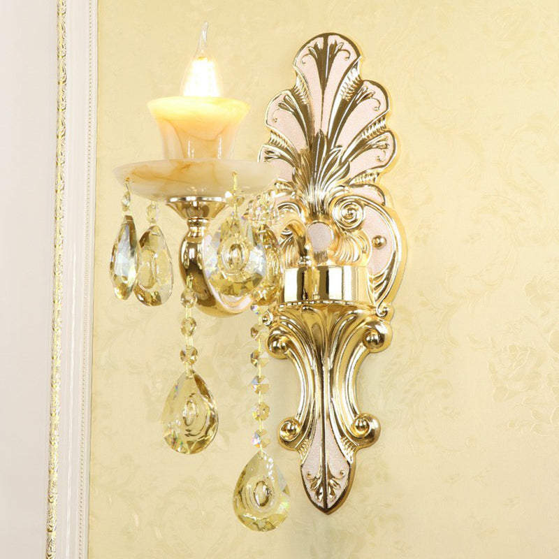 Classic Flower Wall Lamp Faux Jade Frosted Glass Wall Sconce with K9 Crystal Drops in Silver 1.0 Silver Shadeless Clearhalo 'Wall Lamps & Sconces' 'Wall Lights' Lighting' 2405882