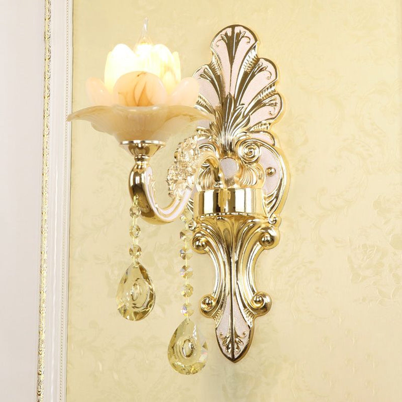 Classic Flower Wall Lamp Faux Jade Frosted Glass Wall Sconce with K9 Crystal Drops in Silver 1.0 Silver Lotus Clearhalo 'Wall Lamps & Sconces' 'Wall Lights' Lighting' 2405884