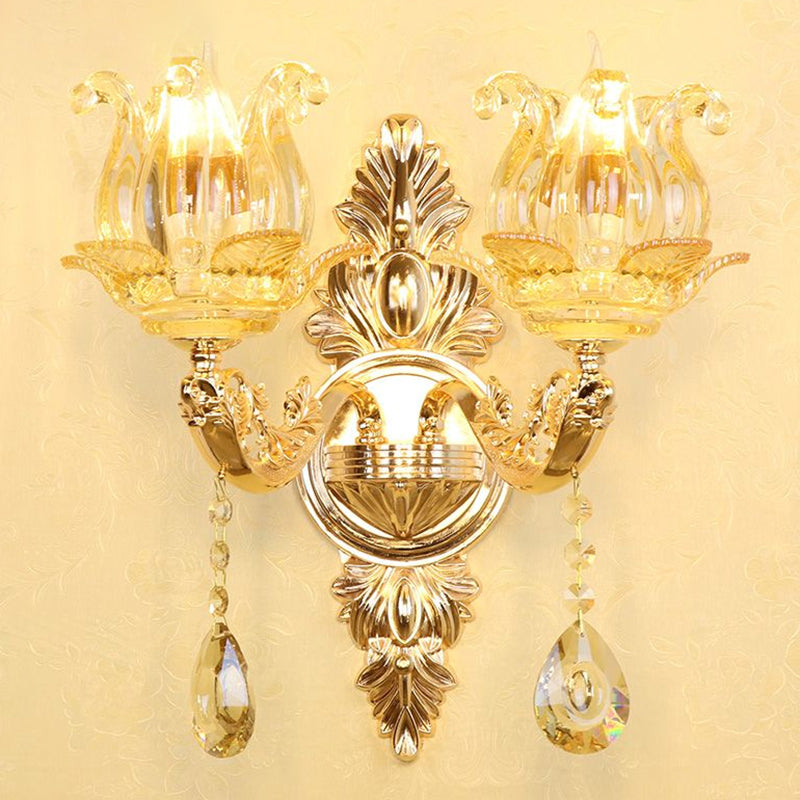 Faux Candle Sconce Lighting Traditional Metal Wall Lamp Fixture with Shade and Crystal Drop 2.0 Beige Flower Clearhalo 'Wall Lamps & Sconces' 'Wall Lights' Lighting' 2405889