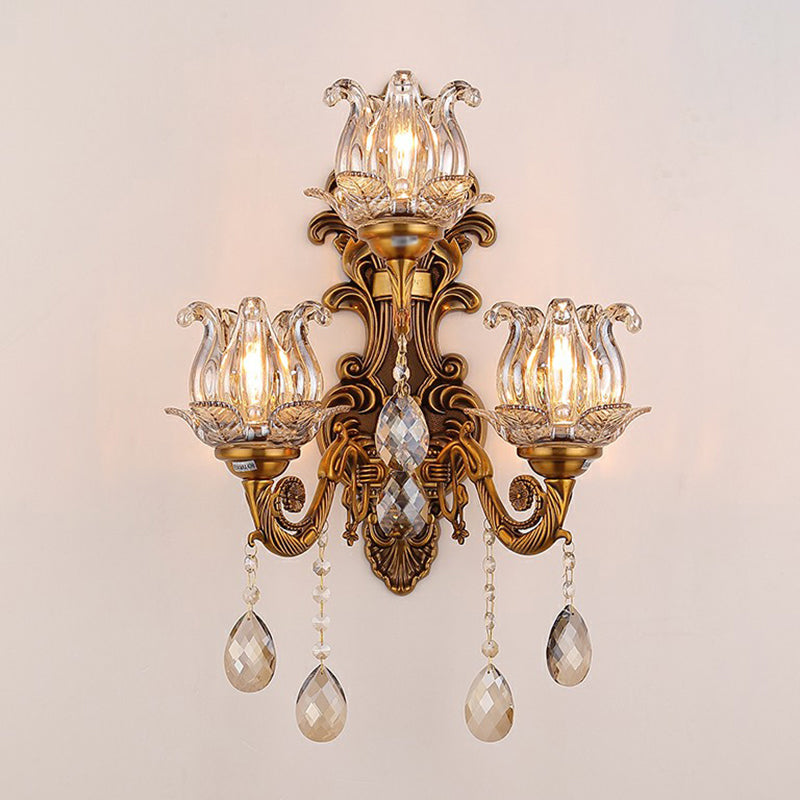 3-Light Candle Wall Sconce Antique Style Metallic Wall Mount Light with Crystal Droplet Clearhalo 'Wall Lamps & Sconces' 'Wall Lights' Lighting' 2405894