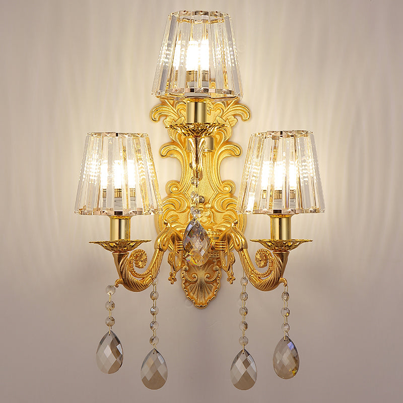 3-Light Candle Wall Sconce Antique Style Metallic Wall Mount Light with Crystal Droplet Gold Clearhalo 'Wall Lamps & Sconces' 'Wall Lights' Lighting' 2405896