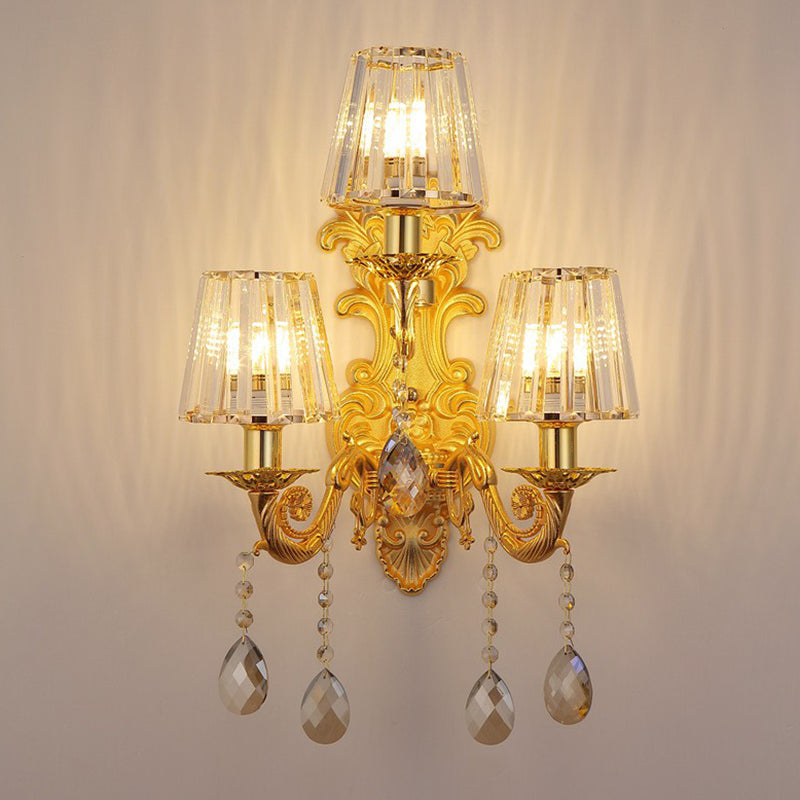 3-Light Candle Wall Sconce Antique Style Metallic Wall Mount Light with Crystal Droplet Clearhalo 'Wall Lamps & Sconces' 'Wall Lights' Lighting' 2405899