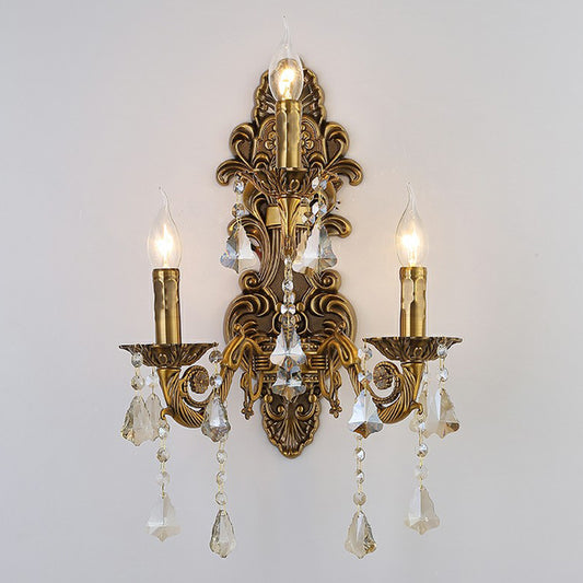 3-Light Candle Wall Sconce Antique Style Metallic Wall Mount Light with Crystal Droplet Clearhalo 'Wall Lamps & Sconces' 'Wall Lights' Lighting' 2405900