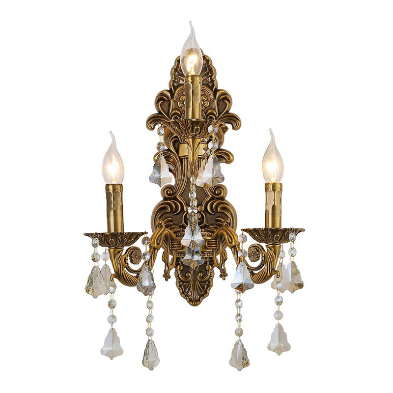 3-Light Candle Wall Sconce Antique Style Metallic Wall Mount Light with Crystal Droplet Clearhalo 'Wall Lamps & Sconces' 'Wall Lights' Lighting' 2405901