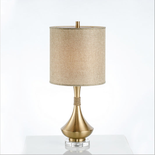 Cylinder Study Lamp Traditionary Fabric 1 Bulb White/Beige Reading Book Light with Metal Base Clearhalo 'Lamps' 'Table Lamps' Lighting' 240607