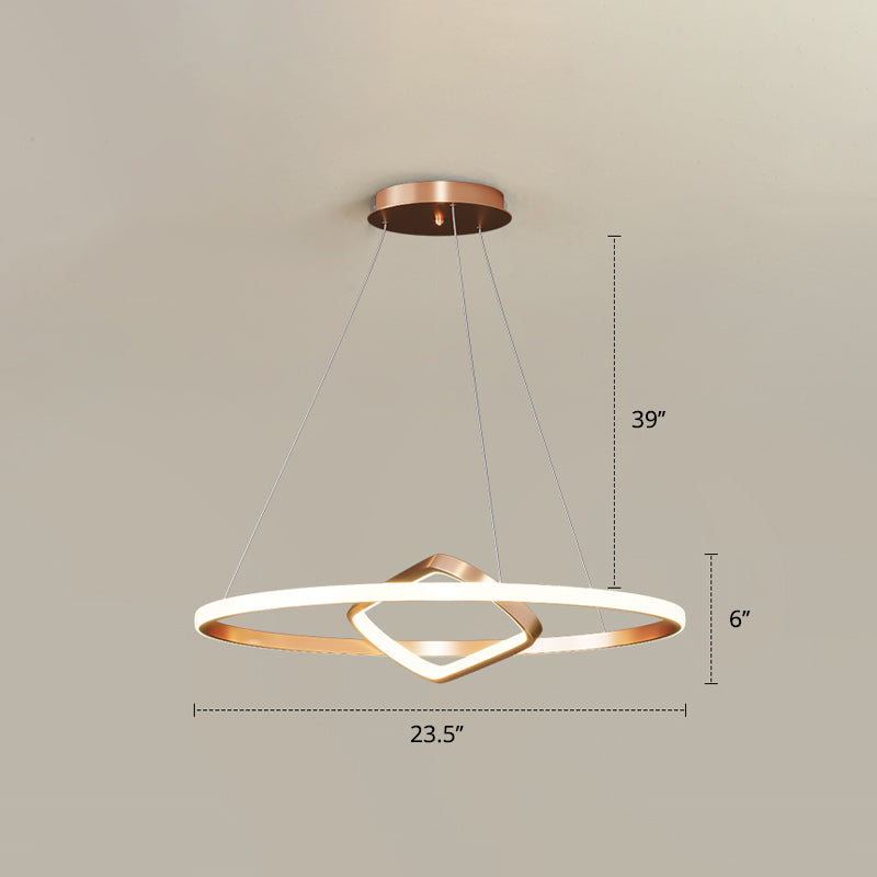 Round and Square Chandelier Nordic Aluminum LED Hanging Pendant Light for Dining Room Gold 23.5" Warm Clearhalo 'Ceiling Lights' 'Chandeliers' 'Modern Chandeliers' 'Modern' Lighting' 2406286