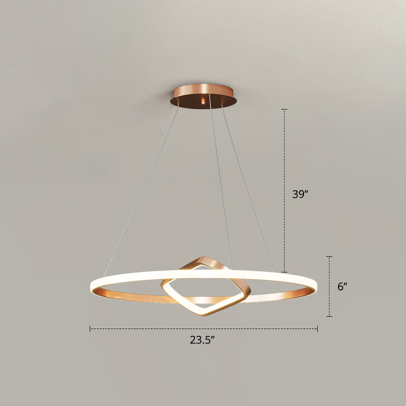 Round and Square Chandelier Nordic Aluminum LED Hanging Pendant Light for Dining Room Gold 23.5" Remote Control Stepless Dimming Clearhalo 'Ceiling Lights' 'Chandeliers' 'Modern Chandeliers' 'Modern' Lighting' 2406287