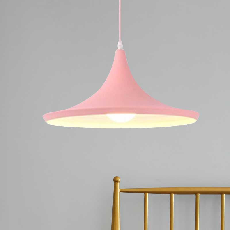 Cone Hanging Pendant Light in Macaron Style Metal 1/3 Light Pink/Yellow/Blue Hanging Light with Linear/Round Canopy Pink Round Clearhalo 'Ceiling Lights' 'Modern Pendants' 'Modern' 'Pendant Lights' 'Pendants' Lighting' 240665