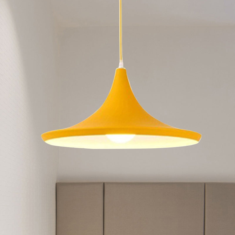 Cone Hanging Pendant Light in Macaron Style Metal 1/3 Light Pink/Yellow/Blue Hanging Light with Linear/Round Canopy Yellow Round Clearhalo 'Ceiling Lights' 'Modern Pendants' 'Modern' 'Pendant Lights' 'Pendants' Lighting' 240667