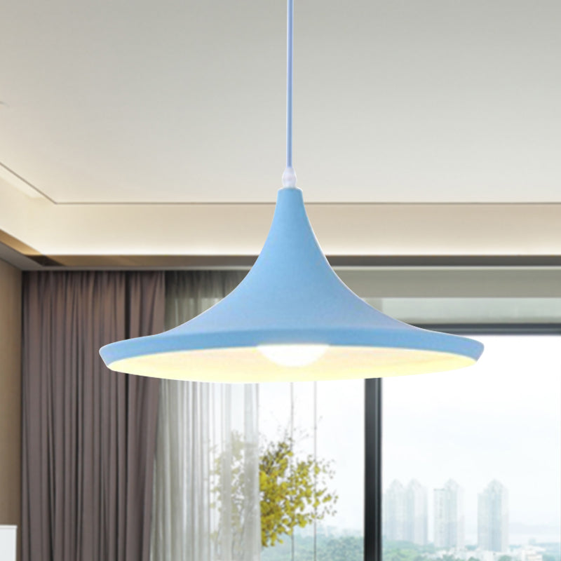 Cone Hanging Pendant Light in Macaron Style Metal 1/3 Light Pink/Yellow/Blue Hanging Light with Linear/Round Canopy Blue Round Clearhalo 'Ceiling Lights' 'Modern Pendants' 'Modern' 'Pendant Lights' 'Pendants' Lighting' 240669