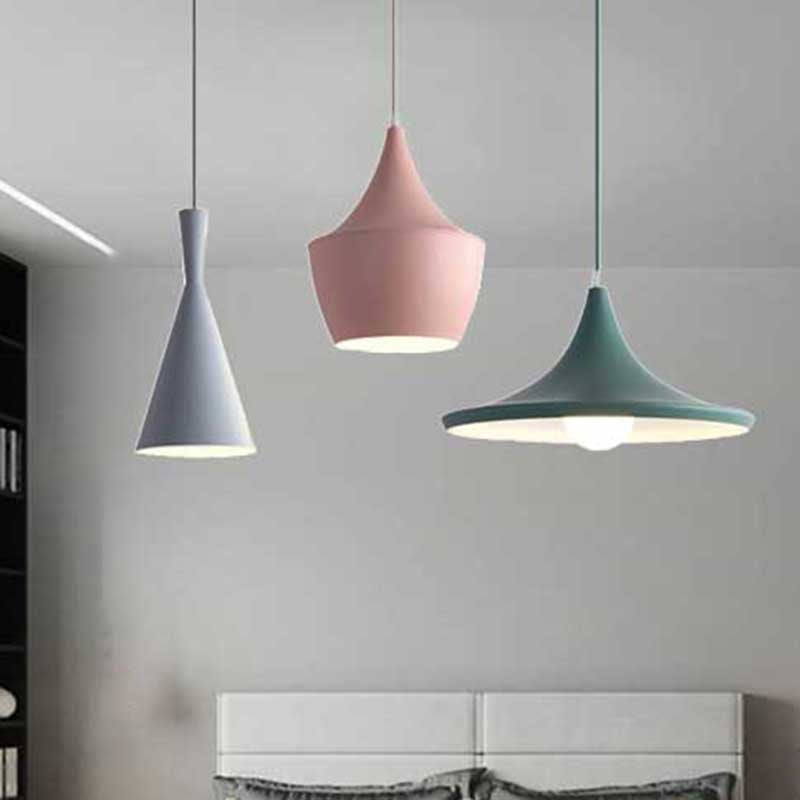 Cone Hanging Pendant Light in Macaron Style Metal 1/3 Light Pink/Yellow/Blue Hanging Light with Linear/Round Canopy Grey-Pink-Green Linear Clearhalo 'Ceiling Lights' 'Modern Pendants' 'Modern' 'Pendant Lights' 'Pendants' Lighting' 240671