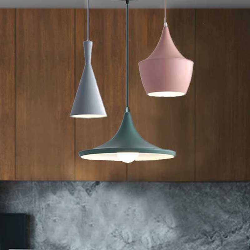 Cone Hanging Pendant Light in Macaron Style Metal 1/3 Light Pink/Yellow/Blue Hanging Light with Linear/Round Canopy Grey-Pink-Green Round Clearhalo 'Ceiling Lights' 'Modern Pendants' 'Modern' 'Pendant Lights' 'Pendants' Lighting' 240672