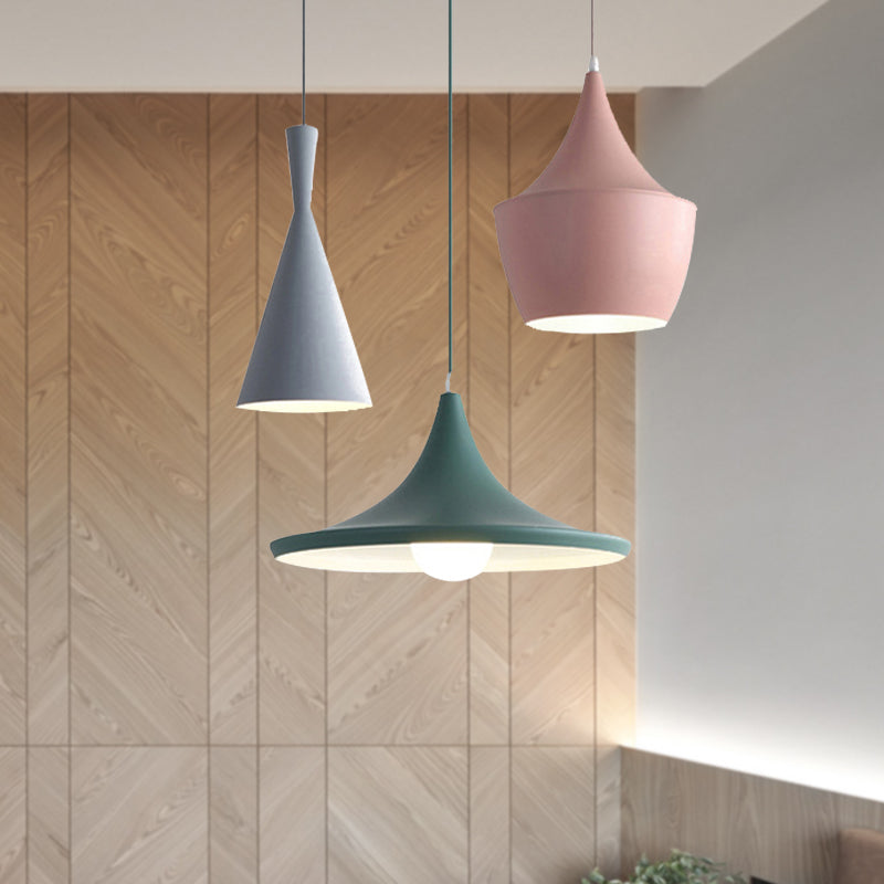 Cone Hanging Pendant Light in Macaron Style Metal 1/3 Light Pink/Yellow/Blue Hanging Light with Linear/Round Canopy Clearhalo 'Ceiling Lights' 'Modern Pendants' 'Modern' 'Pendant Lights' 'Pendants' Lighting' 240673