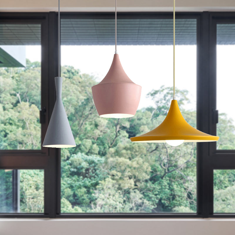 Cone Hanging Pendant Light in Macaron Style Metal 1/3 Light Pink/Yellow/Blue Hanging Light with Linear/Round Canopy Grey-Pink-Yellow Linear Clearhalo 'Ceiling Lights' 'Modern Pendants' 'Modern' 'Pendant Lights' 'Pendants' Lighting' 240674