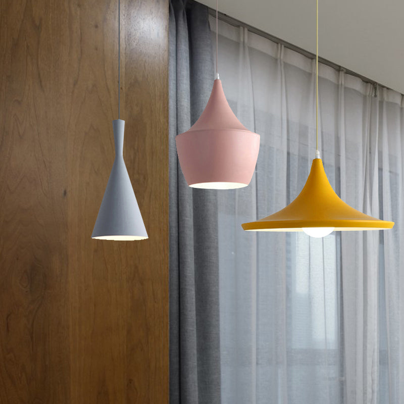 Cone Hanging Pendant Light in Macaron Style Metal 1/3 Light Pink/Yellow/Blue Hanging Light with Linear/Round Canopy Clearhalo 'Ceiling Lights' 'Modern Pendants' 'Modern' 'Pendant Lights' 'Pendants' Lighting' 240675