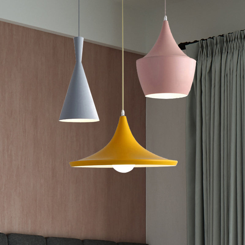 Cone Hanging Pendant Light in Macaron Style Metal 1/3 Light Pink/Yellow/Blue Hanging Light with Linear/Round Canopy Grey-Pink-Yellow Round Clearhalo 'Ceiling Lights' 'Modern Pendants' 'Modern' 'Pendant Lights' 'Pendants' Lighting' 240676