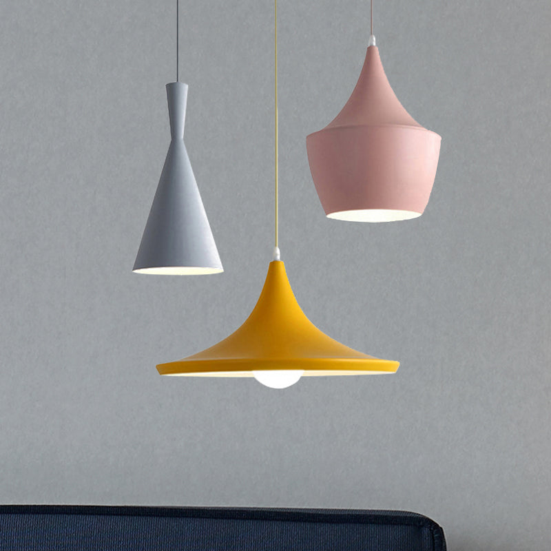 Cone Hanging Pendant Light in Macaron Style Metal 1/3 Light Pink/Yellow/Blue Hanging Light with Linear/Round Canopy Clearhalo 'Ceiling Lights' 'Modern Pendants' 'Modern' 'Pendant Lights' 'Pendants' Lighting' 240677