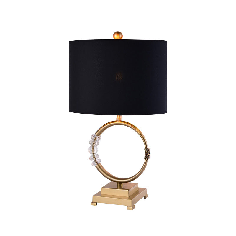 Traditional Circular Task Lighting Metal 1 Bulb Desk Lamp in Brass with Black Drum Fabric Shade Clearhalo 'Lamps' 'Table Lamps' Lighting' 240778