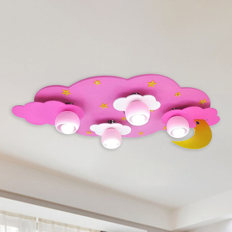 4 Lights Cloud Ceiling Mount Light Kids Wood Flush Light for Nursing Room Kindergarten Pink D Clearhalo 'Ceiling Lights' 'Close To Ceiling Lights' 'Close to ceiling' 'Flush mount' Lighting' 240803