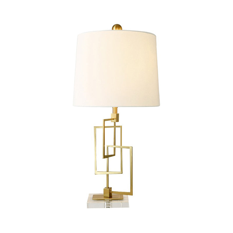 Gold Rectangle Study Lamp Traditionary Metal 1 Head Reading Book Light with White Barrel Fabric Shade for Bedside Clearhalo 'Lamps' 'Table Lamps' Lighting' 240806