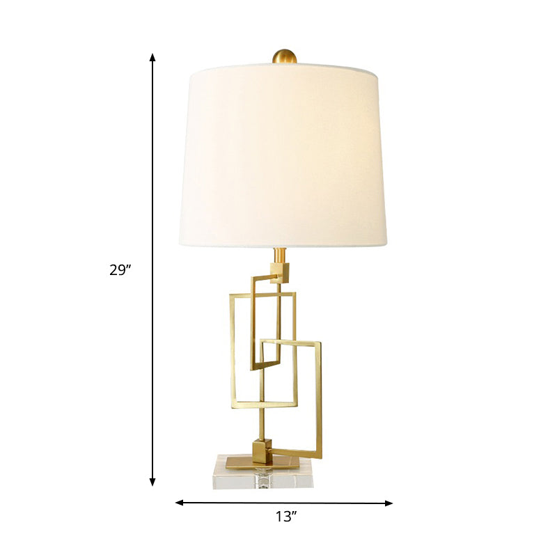 Gold Rectangle Study Lamp Traditionary Metal 1 Head Reading Book Light with White Barrel Fabric Shade for Bedside Clearhalo 'Lamps' 'Table Lamps' Lighting' 240807