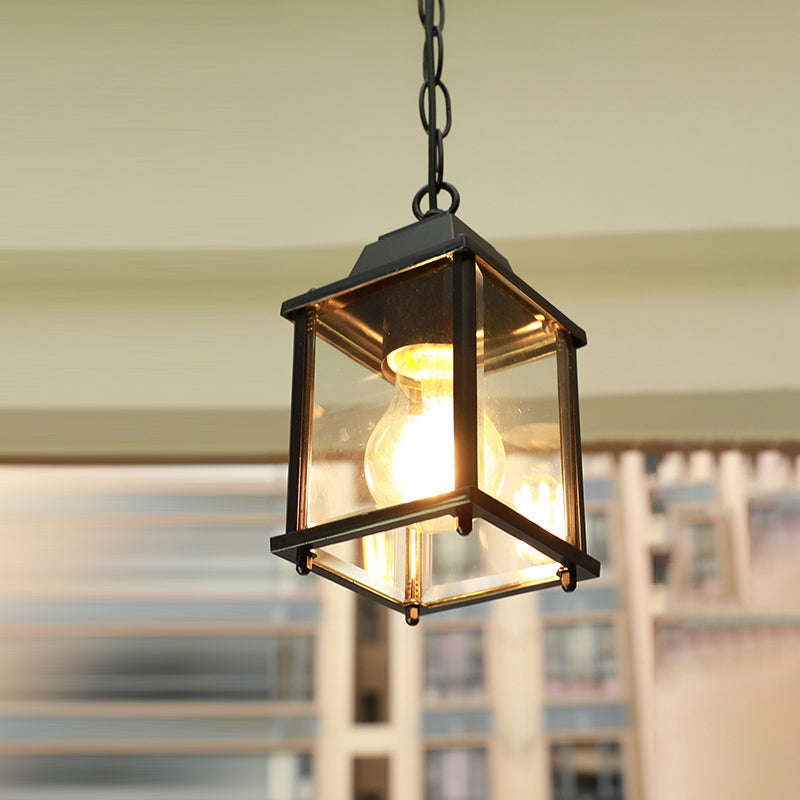 1 Head Shaded Pendulum Light Rustic Black Finish Clear Glass Hanging Light for Outdoor Black Square Plate Clearhalo 'Ceiling Lights' 'Pendant Lights' 'Pendants' Lighting' 2408339