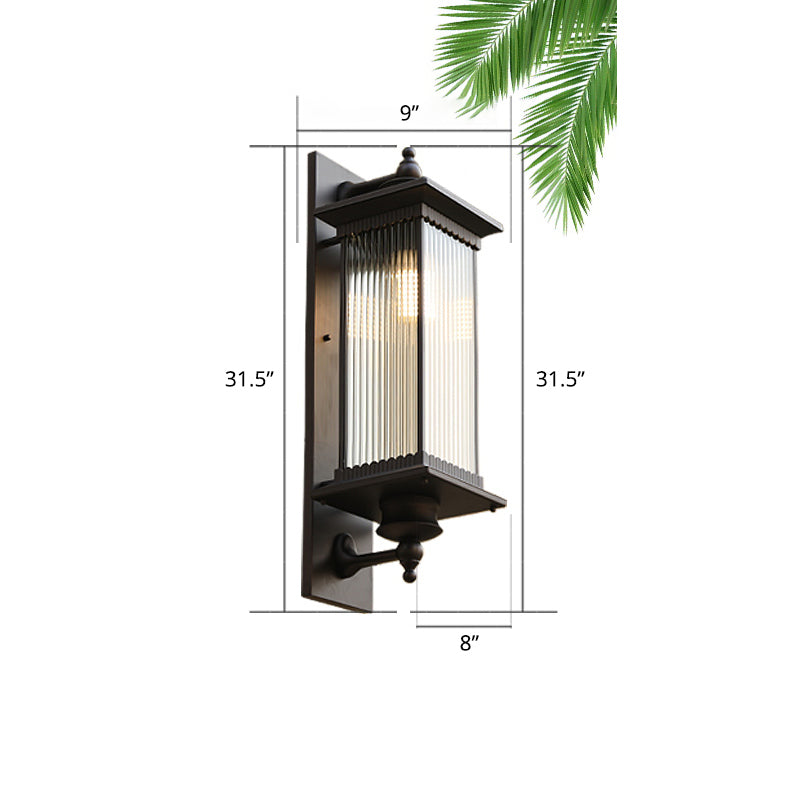 Glass Shaded Lantern Wall Sconce Traditional 1 Head Patio Wall Mount Light Fixture in Black Black Medium Stripe Clearhalo 'Wall Lamps & Sconces' 'Wall Lights' Lighting' 2408379