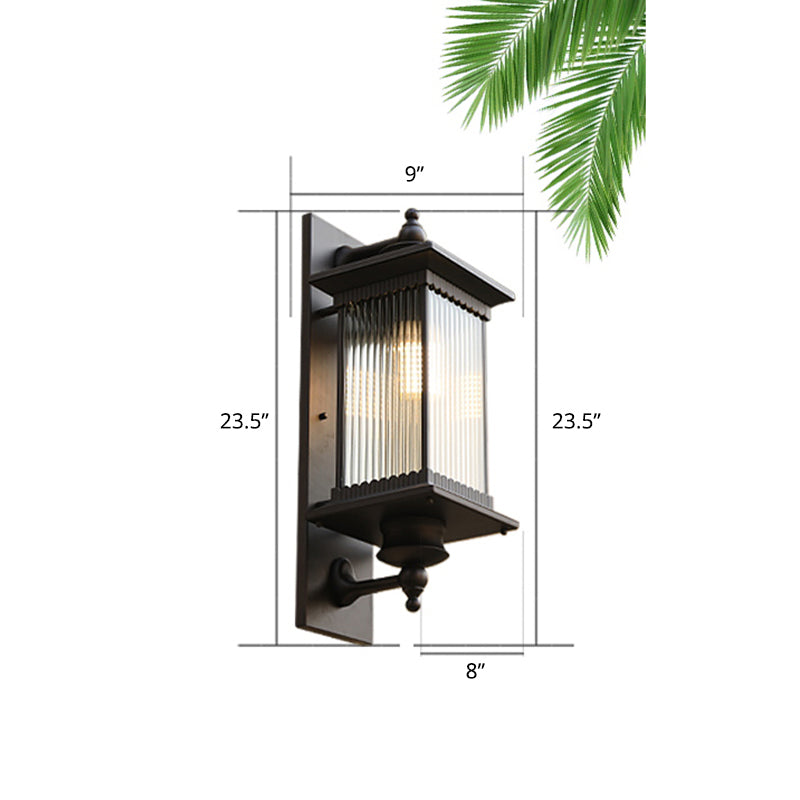 Glass Shaded Lantern Wall Sconce Traditional 1 Head Patio Wall Mount Light Fixture in Black Black Small Stripe Clearhalo 'Wall Lamps & Sconces' 'Wall Lights' Lighting' 2408380