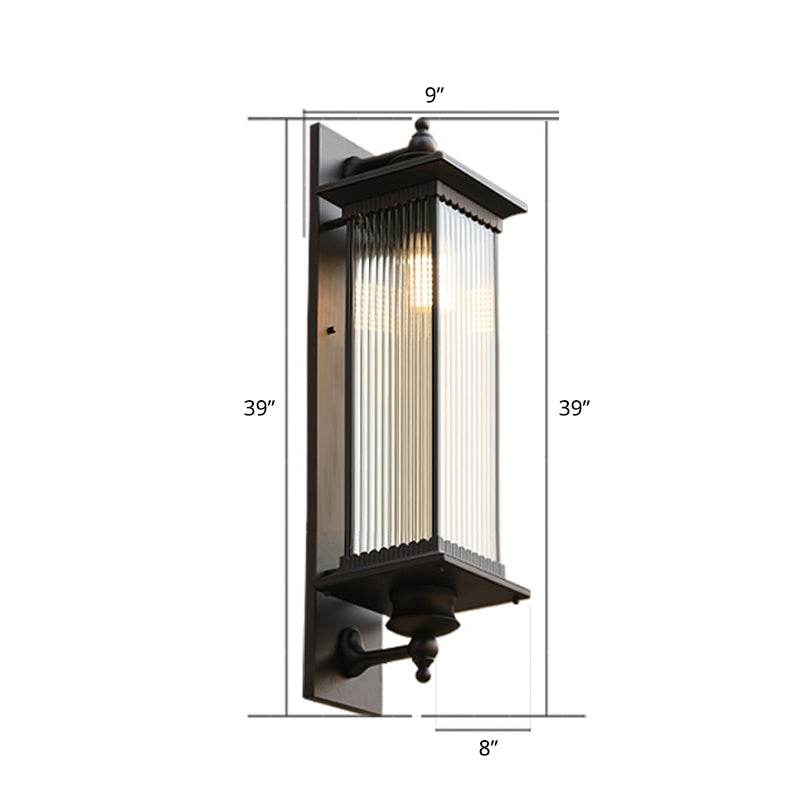 Glass Shaded Lantern Wall Sconce Traditional 1 Head Patio Wall Mount Light Fixture in Black Black Large Stripe Clearhalo 'Wall Lamps & Sconces' 'Wall Lights' Lighting' 2408381