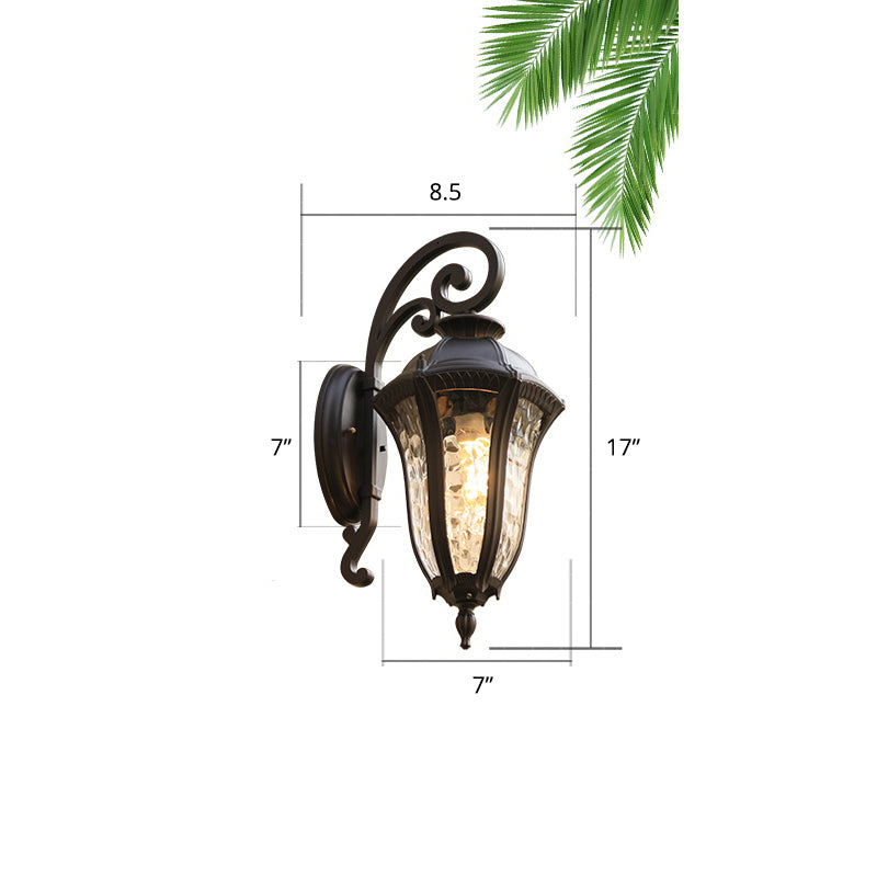 Glass Shaded Lantern Wall Sconce Traditional 1 Head Patio Wall Mount Light Fixture in Black Black Small Wavy Clearhalo 'Wall Lamps & Sconces' 'Wall Lights' Lighting' 2408382