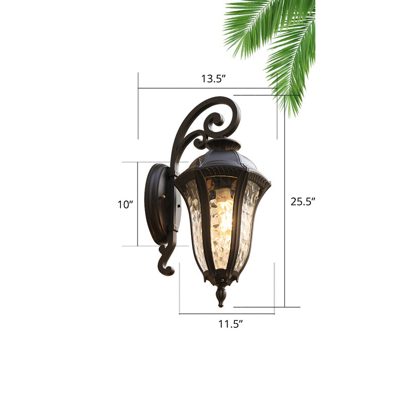 Glass Shaded Lantern Wall Sconce Traditional 1 Head Patio Wall Mount Light Fixture in Black Black Large Wavy Clearhalo 'Wall Lamps & Sconces' 'Wall Lights' Lighting' 2408385