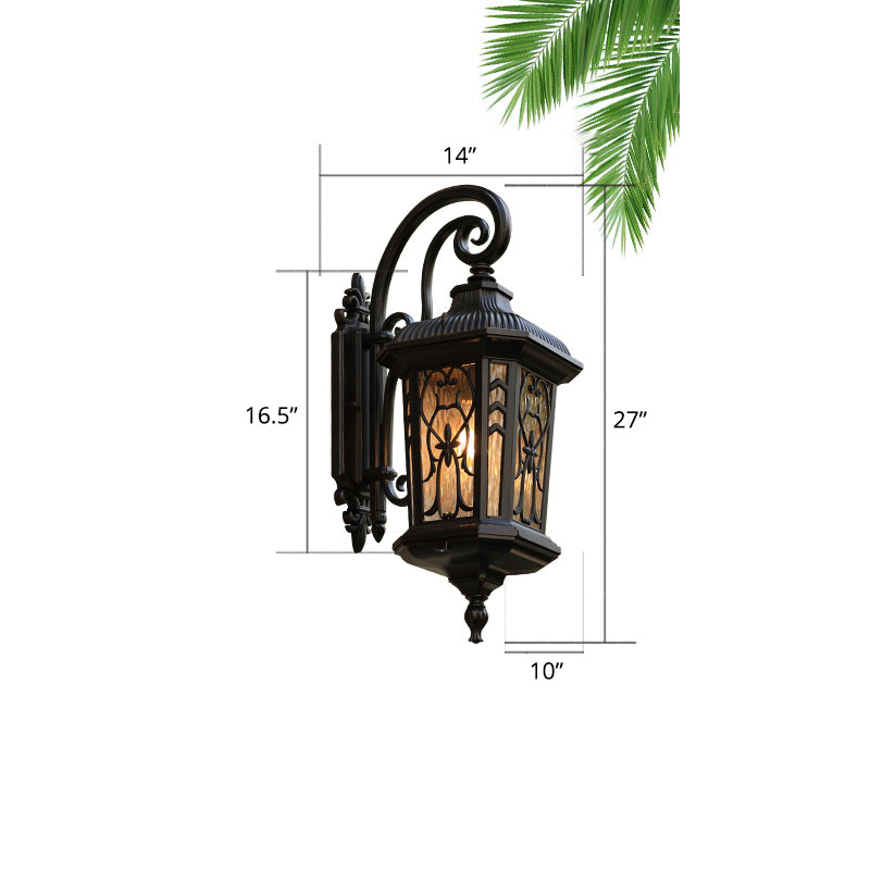 Glass Shaded Lantern Wall Sconce Traditional 1 Head Patio Wall Mount Light Fixture in Black Black Medium Flower Shape Clearhalo 'Wall Lamps & Sconces' 'Wall Lights' Lighting' 2408387