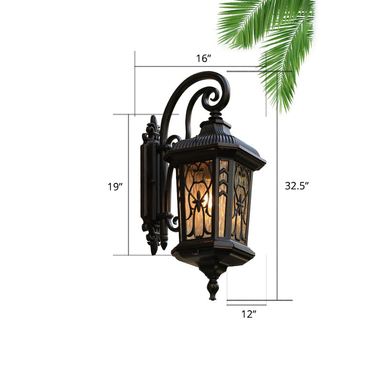 Glass Shaded Lantern Wall Sconce Traditional 1 Head Patio Wall Mount Light Fixture in Black Black Large Flower Shape Clearhalo 'Wall Lamps & Sconces' 'Wall Lights' Lighting' 2408388