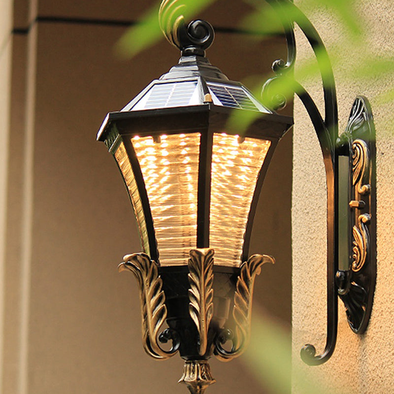 Black Flared Shape LED Wall Sconce Light Vintage Ribbed Glass Outdoor Solar Wall Lamp Clearhalo 'Wall Lamps & Sconces' 'Wall Lights' Lighting' 2408406