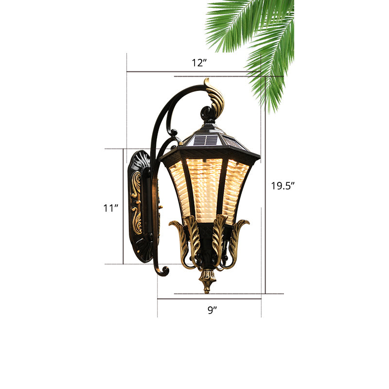 Black Flared Shape LED Wall Sconce Light Vintage Ribbed Glass Outdoor Solar Wall Lamp Clearhalo 'Wall Lamps & Sconces' 'Wall Lights' Lighting' 2408408