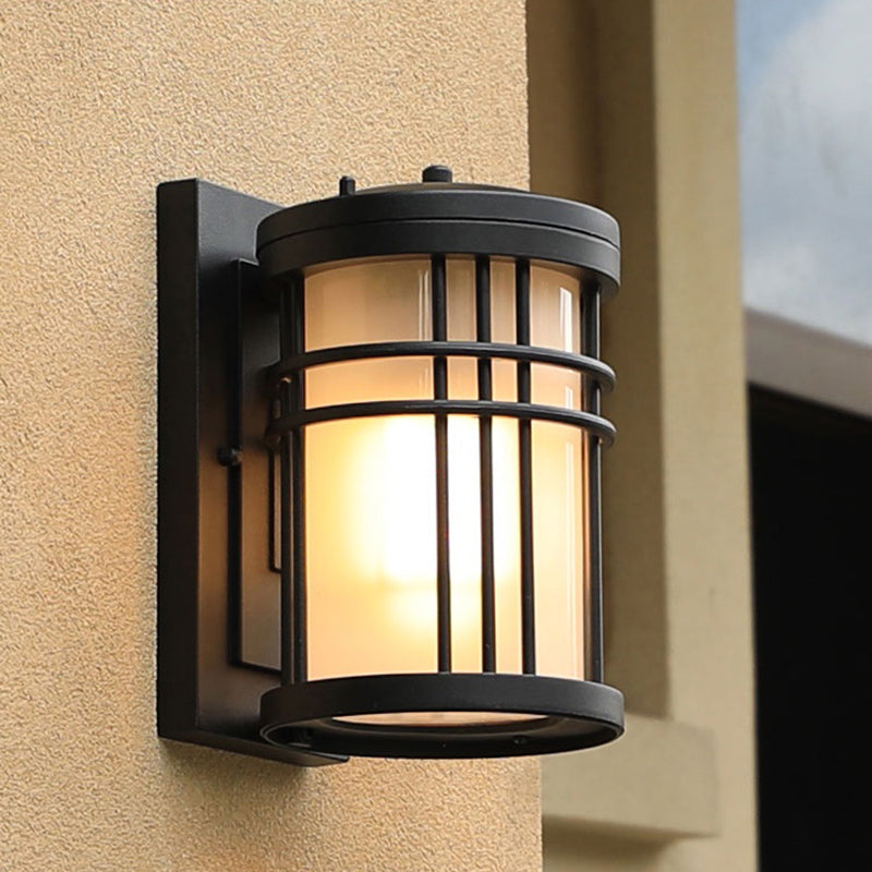 Minimalist Cylindrical Wall Sconce Opal Frosted Glass 1-Bulb Courtyard Wall Lamp in Black Clearhalo 'Wall Lamps & Sconces' 'Wall Lights' Lighting' 2408410