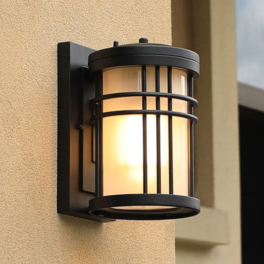 Minimalist Cylindrical Wall Sconce Opal Frosted Glass 1-Bulb Courtyard Wall Lamp in Black Clearhalo 'Wall Lamps & Sconces' 'Wall Lights' Lighting' 2408411