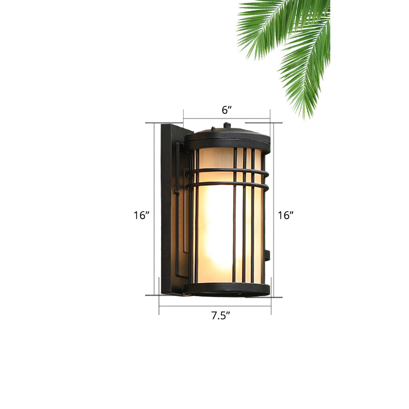 Minimalist Cylindrical Wall Sconce Opal Frosted Glass 1-Bulb Courtyard Wall Lamp in Black Black 16" Clearhalo 'Wall Lamps & Sconces' 'Wall Lights' Lighting' 2408412